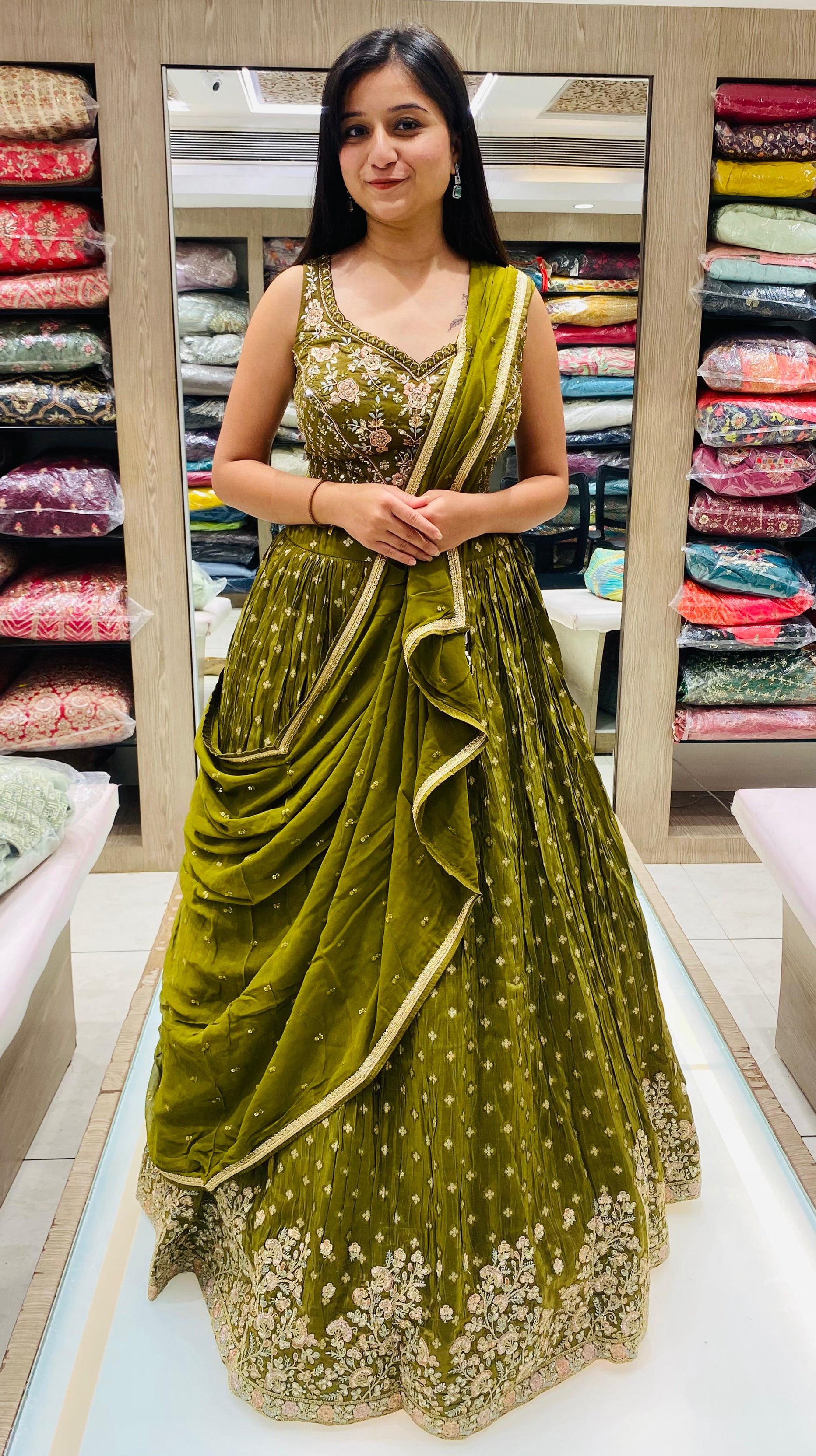 Green Color Tissue Silk Resham Work Mehndi Wear Lehenga